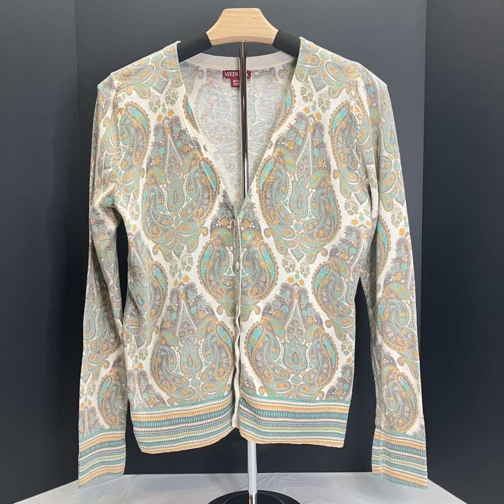 Merona Womens White & Green Paisley Long Slv V Neck Cardigan Sweater Size M